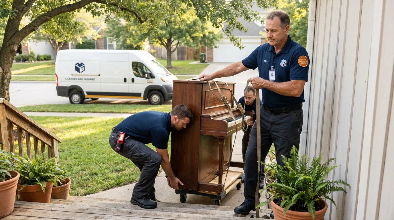 Licensed piano movers securing grand piano in Astoria, NY