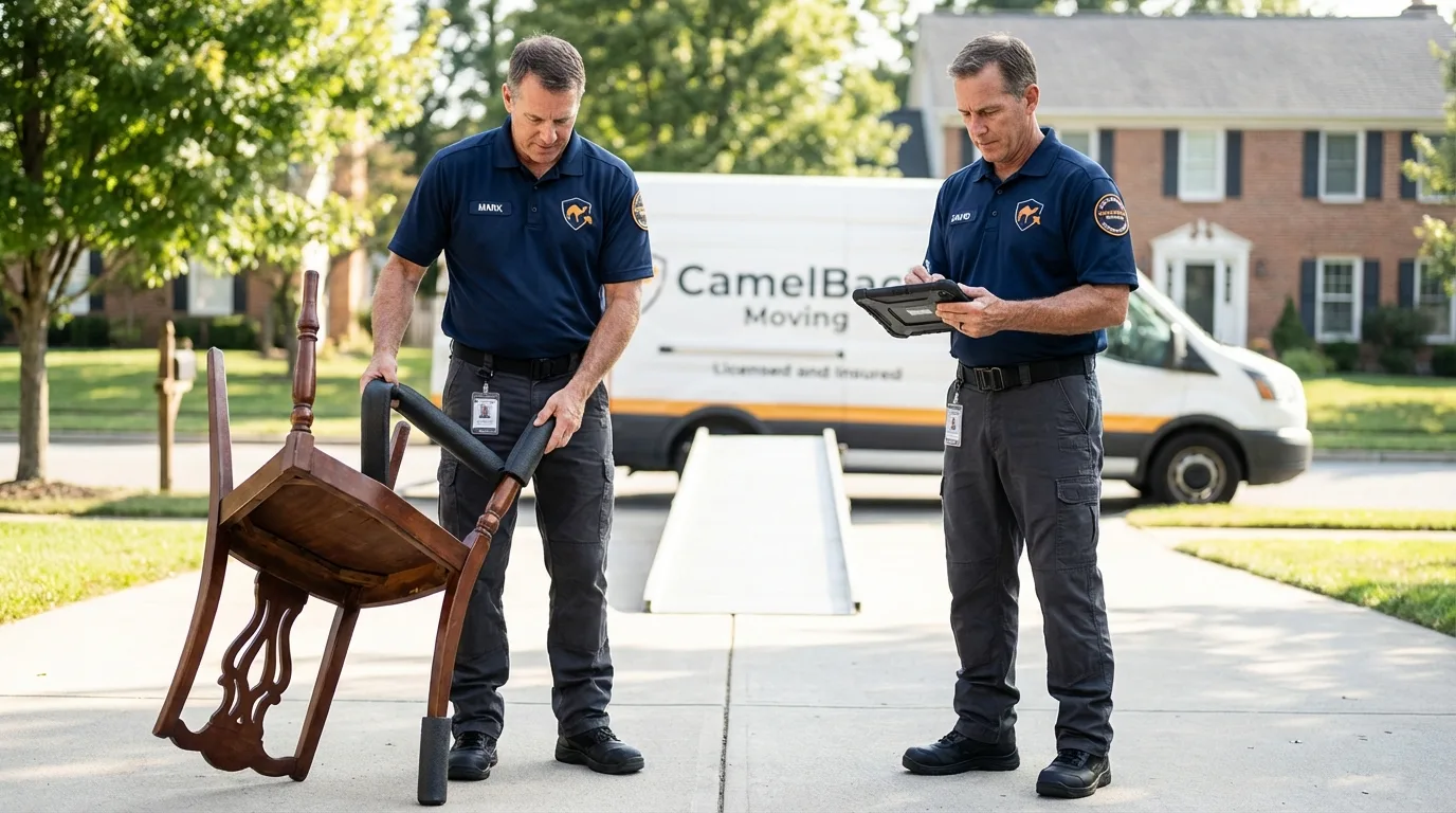 Movers inspecting furniture for damage prevention before loading in Astoria, NY