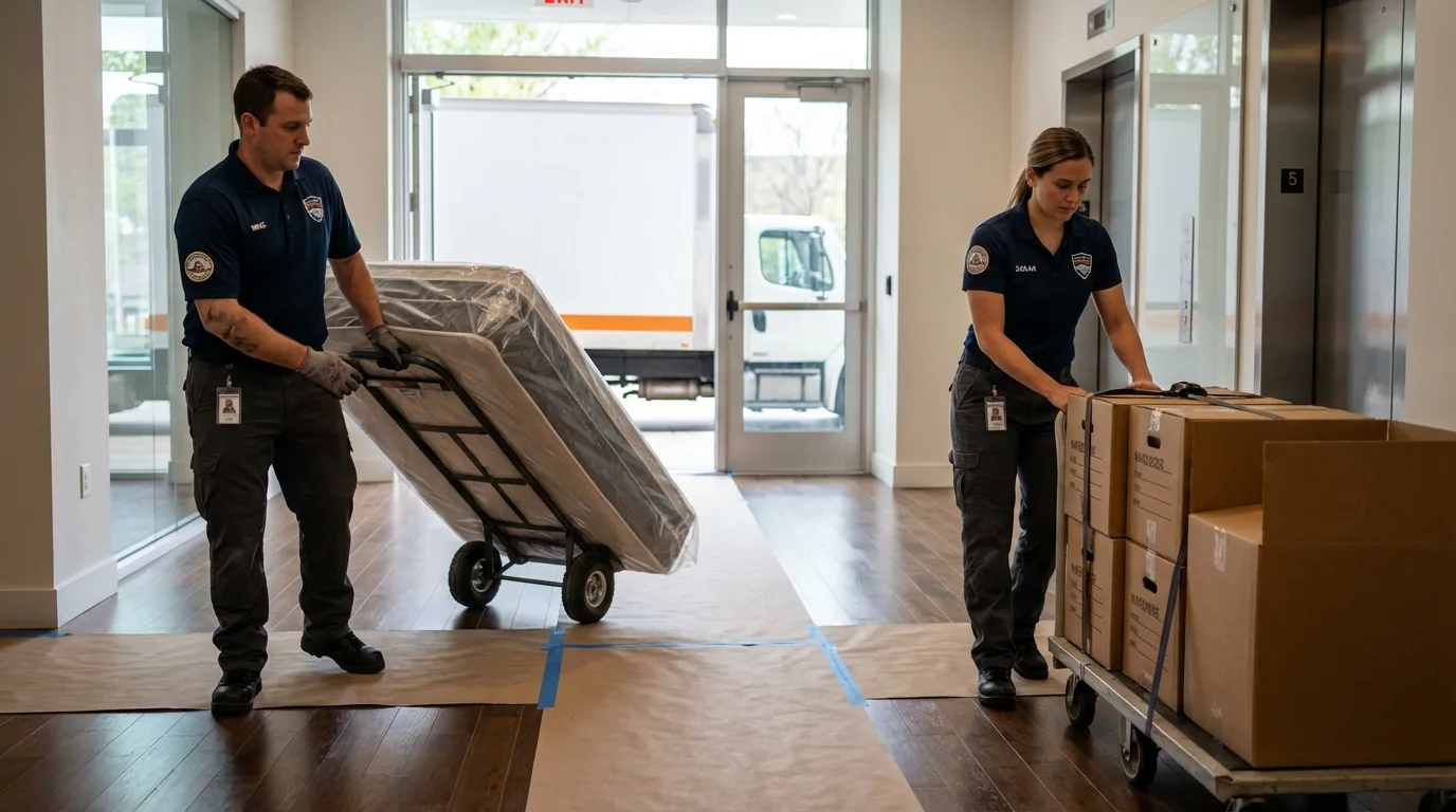 Professional apartment movers loading elevator in Astoria, NY